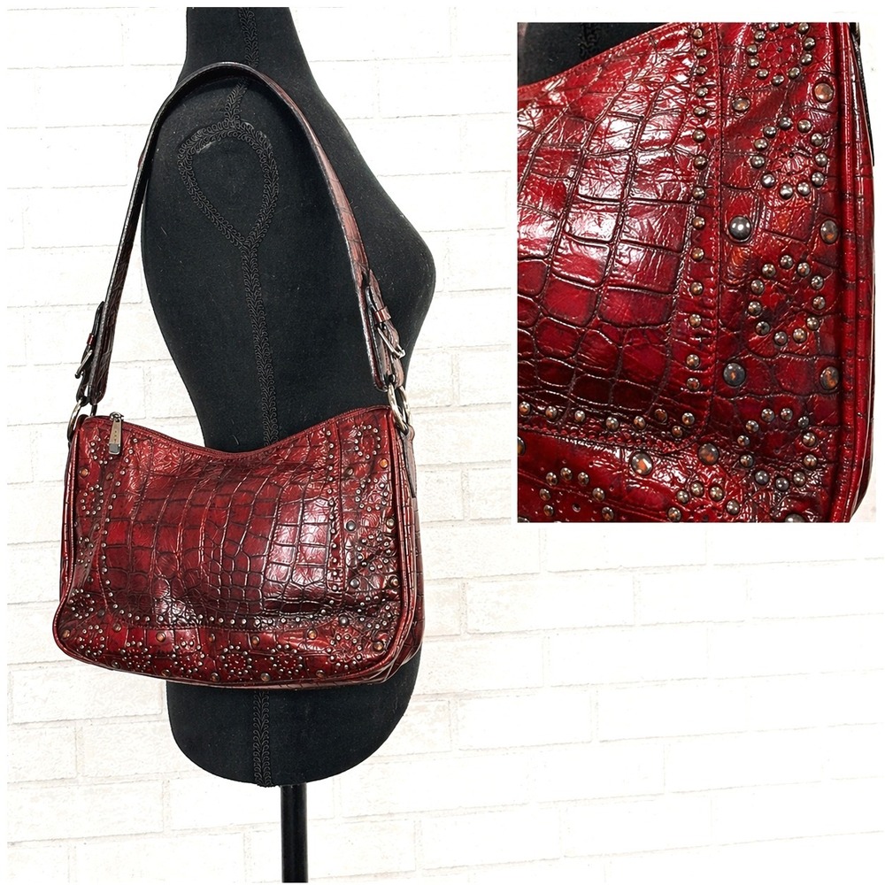 Berge Italy Burgundy Leather Croc Shoulder Bag Studded Purse Y2K Boho Western - Picture 1 of 11